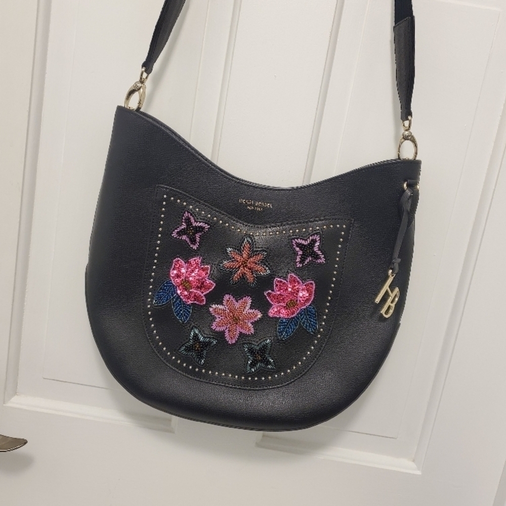 Henri Bendel W57th Black Hobo Large Floral Applique Crossbody - Picture 10 of 15